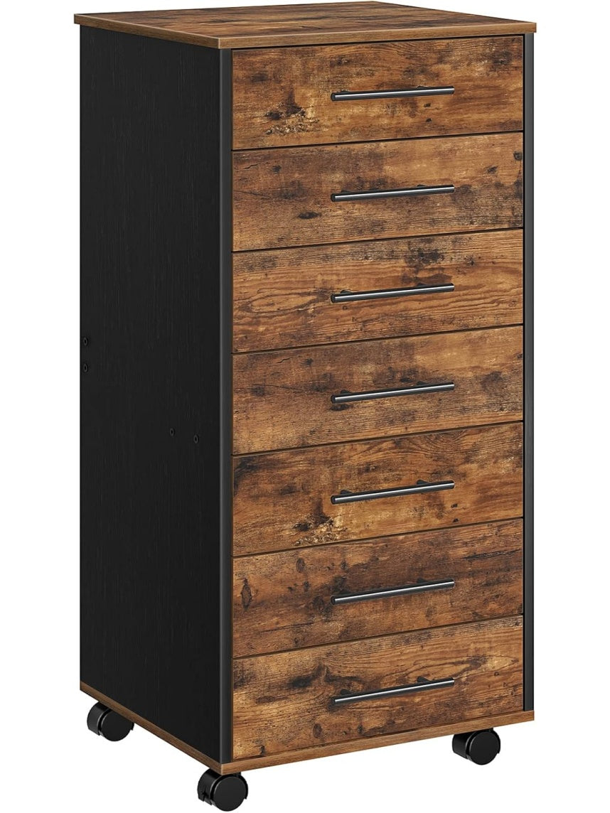 Cajonera de Madera con Siete Cajones Amplios para Archivo y Organizacion de Oficina Marron Rustico Negro