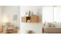 Estanteria de pared de bambu con puertas correderas compartimentos abiertos y espacio cerrado de almacenamiento