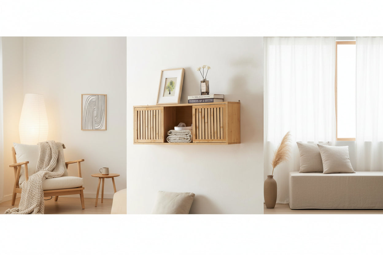 Estanteria de pared de bambu con puertas correderas compartimentos abiertos y espacio cerrado de almacenamiento