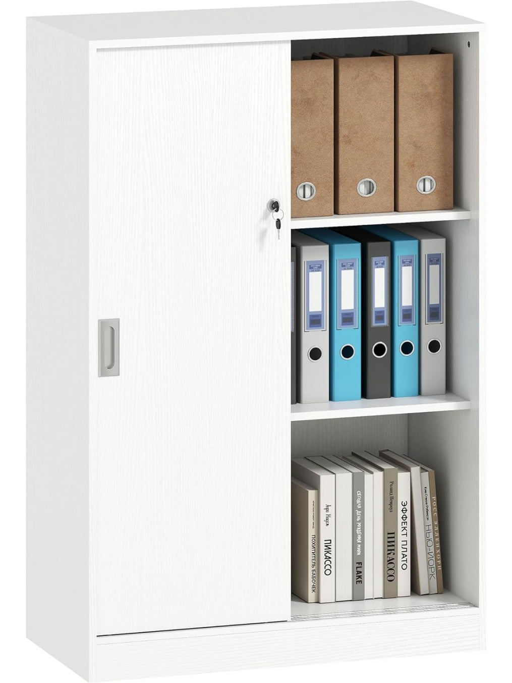 Armario de Almacenamiento para Oficina con Puertas Correderas Cerradura y Tres Estantes Interiores Blanco