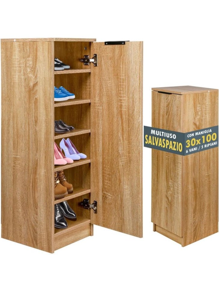 Zapatero de Madera con 6 Compartimentos y 5 Estantes para Entrada Hogar y Oficina Color Roble