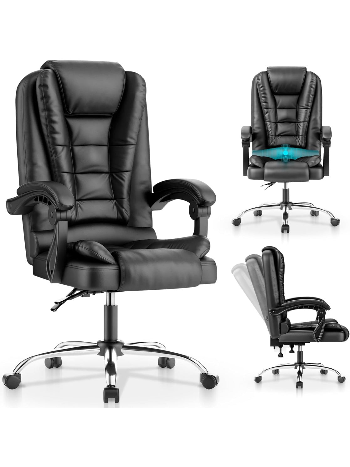Silla reclinable de oficina con cojin lumbar masajeador altura regulable y ruedas silenciosas